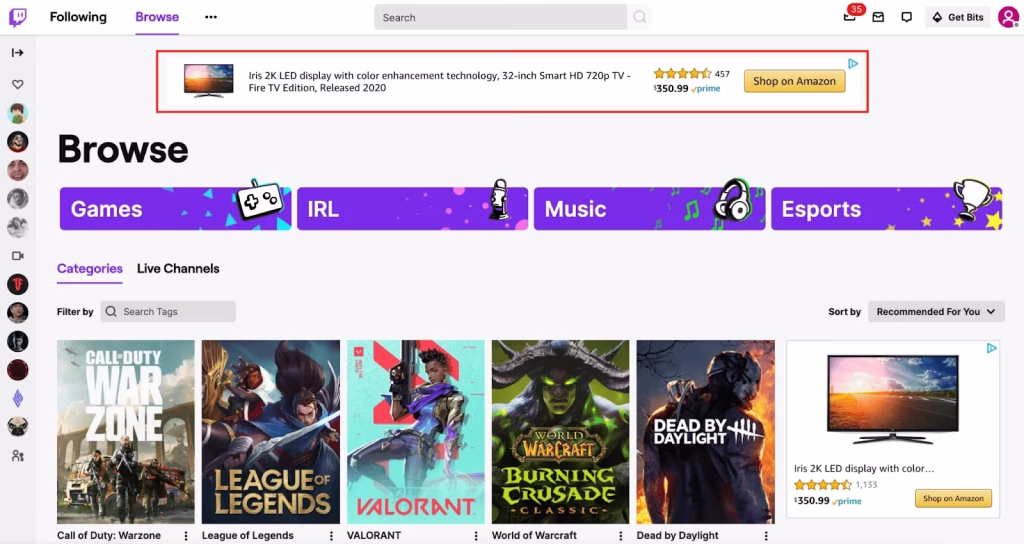 Where do Amazon Streaming TV ads appear on Twitch
