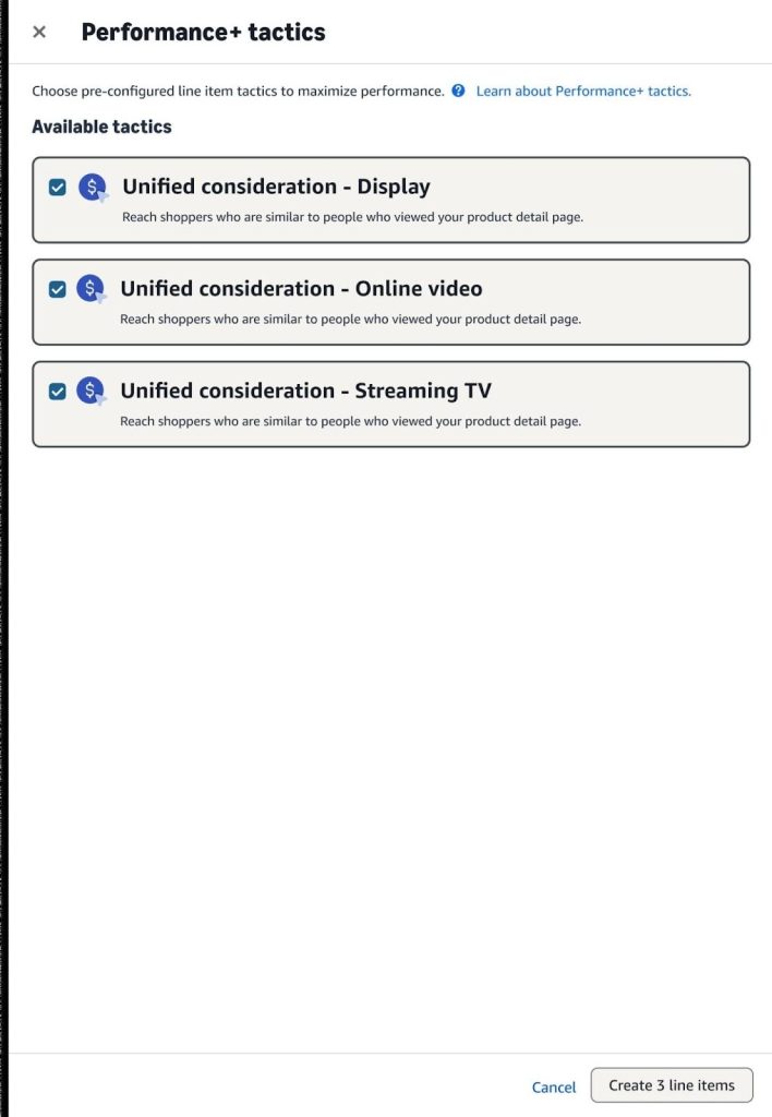 Performance+ and Brand+ tactics fields