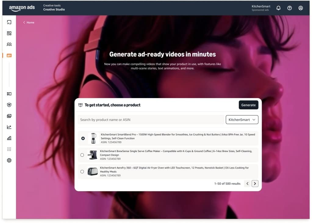 Video generation console in Amazon ads console